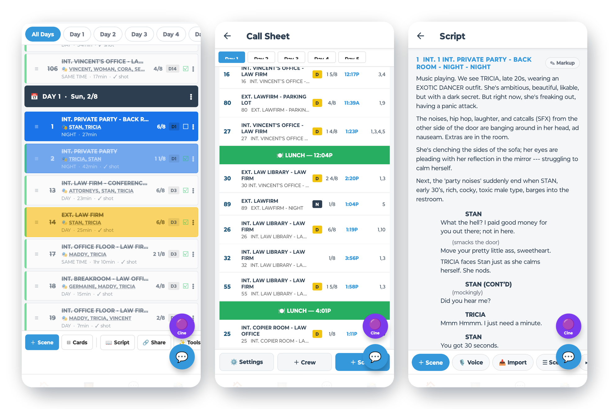 Pericles on iPhone — stripboard, call sheet and script, offline