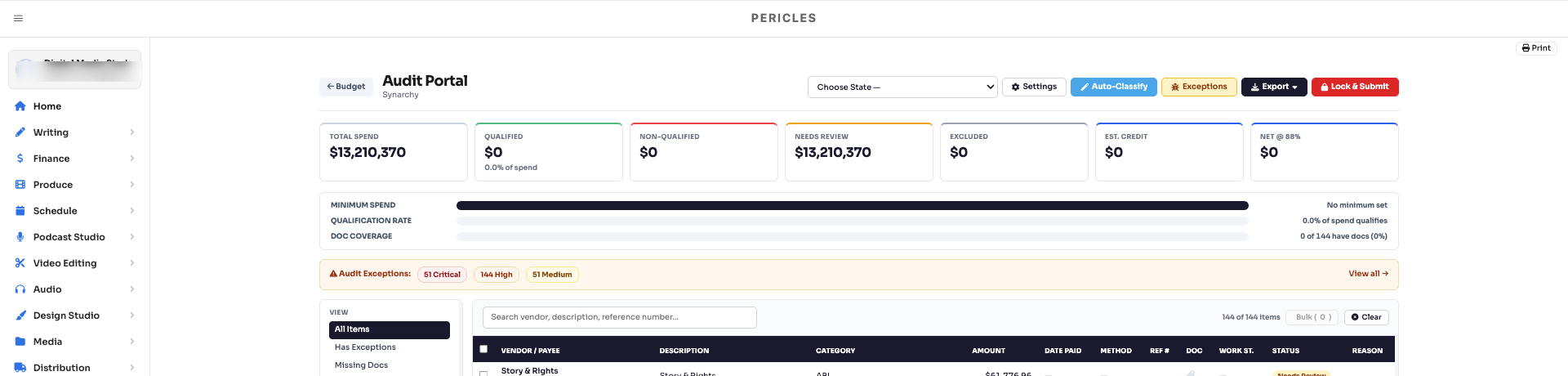 Pericles Audit Portal with qualified spend and review status