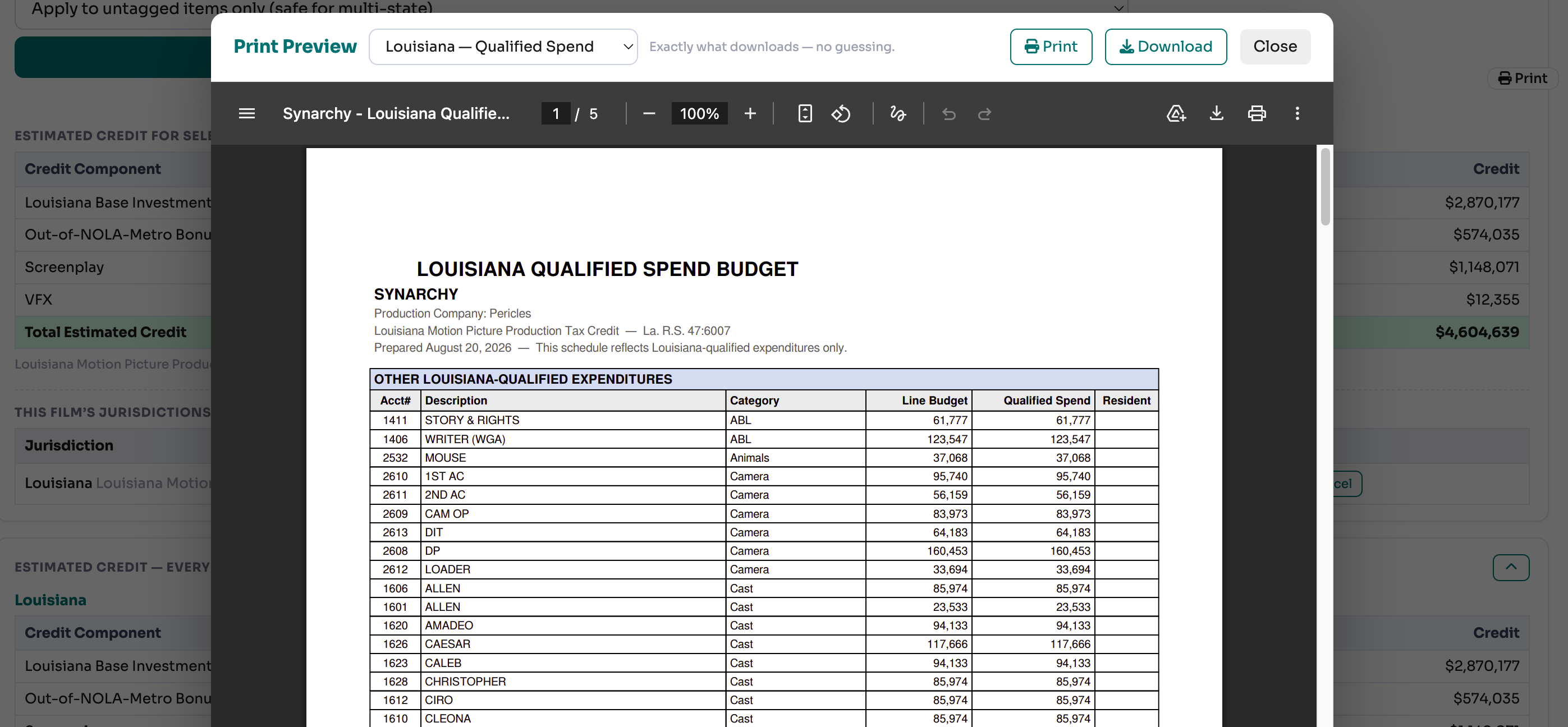 Pericles production budget interface